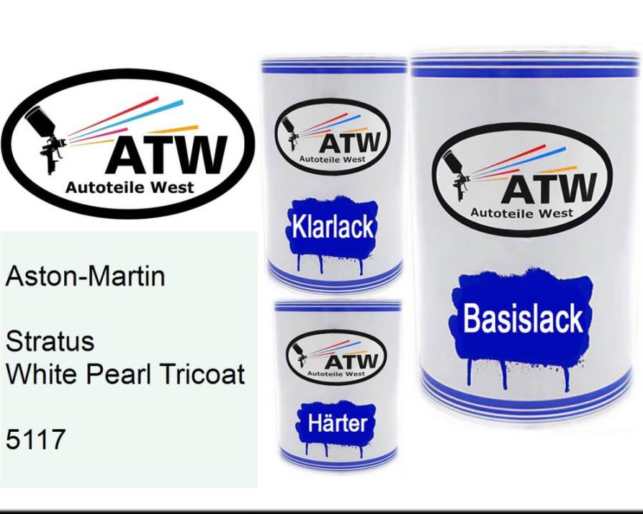 Aston-Martin, Stratus White Pearl Tricoat, 5117: 500ml Lackdose + 500ml Klarlack + 250ml Härter - Set, von ATW Autoteile West.